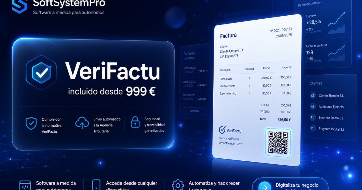 Imagen del artículo «Software a medida para autónomos desde 999€: VeriFactu incluido» — Tecnología para PYMEs — SoftSystemPro