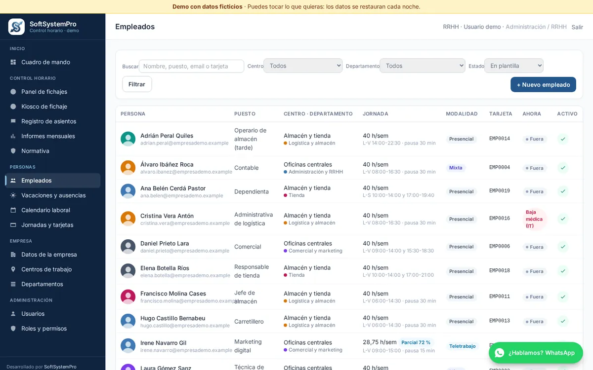 Ficha de empleados con centro, horario y tarjeta
