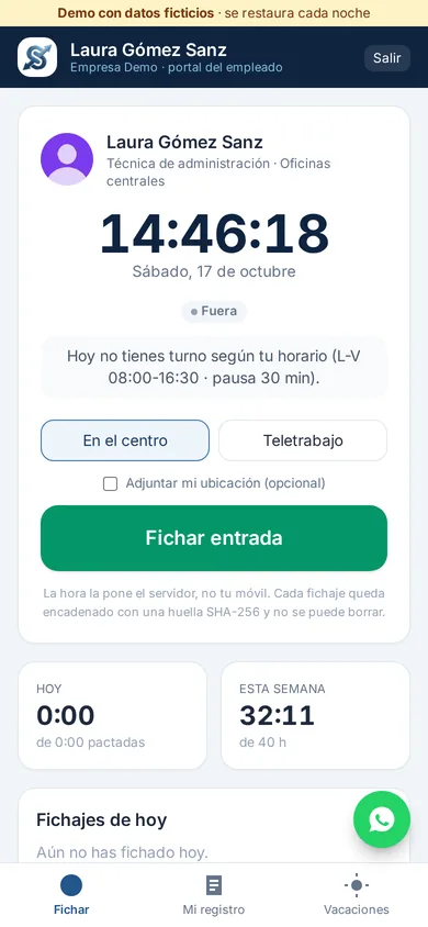 Portal del empleado en el móvil con el botón Fichar entrada