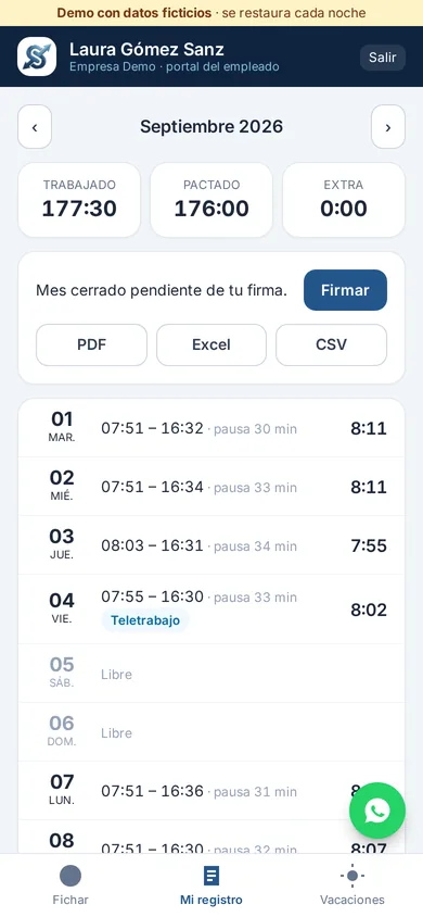 Registro mensual del empleado en el móvil