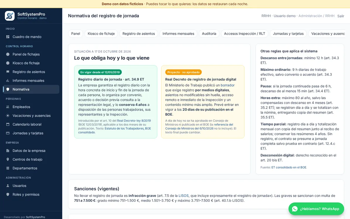 Página de normativa dentro del programa