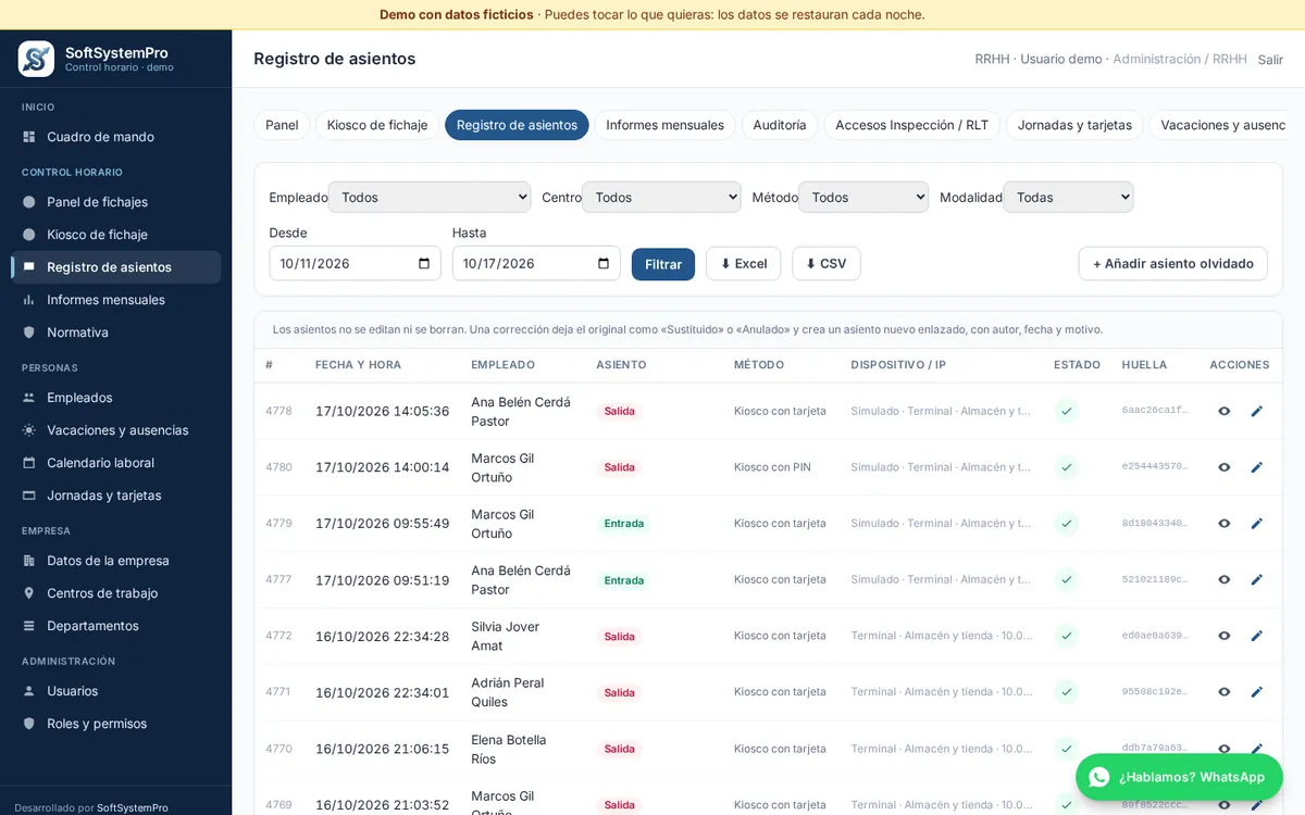 Registro de asientos de fichaje con huella