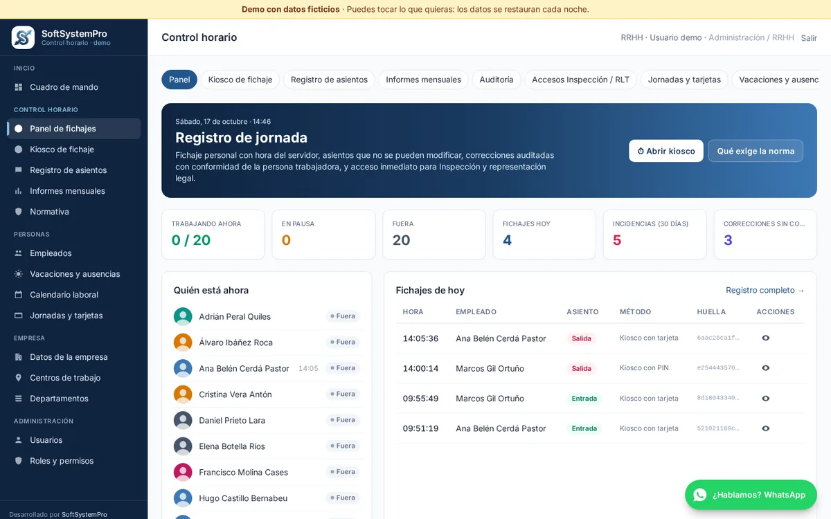 Captura de la demo: Control horario y registro de jornada