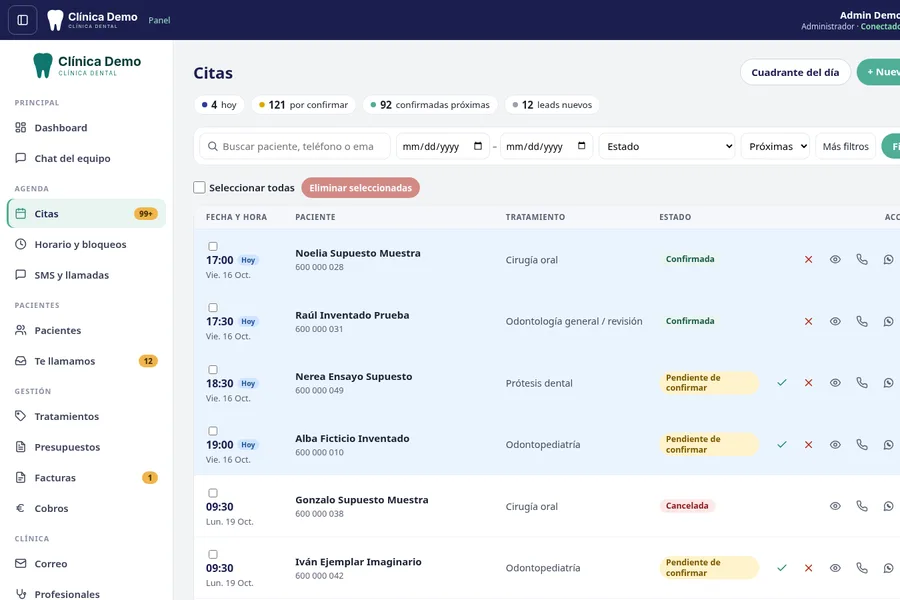 Listado de citas de la demo de clínica dental, con datos ficticios