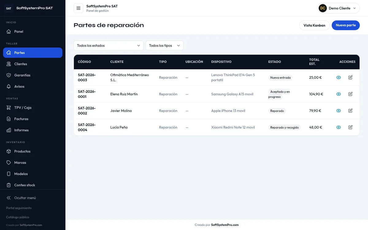 Captura de la demo: Software para servicio técnico (SAT)