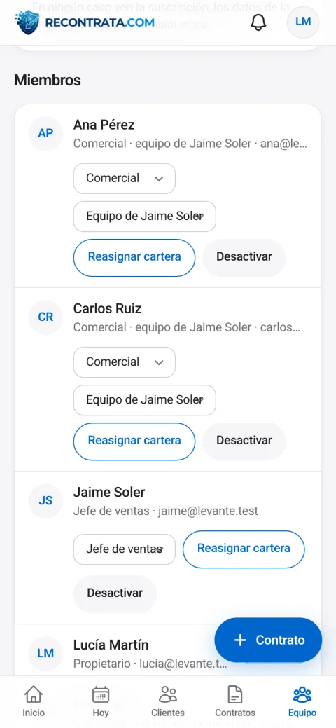 Recontrata: Propietario, jefe de ventas y comerciales (captura con datos de ejemplo)