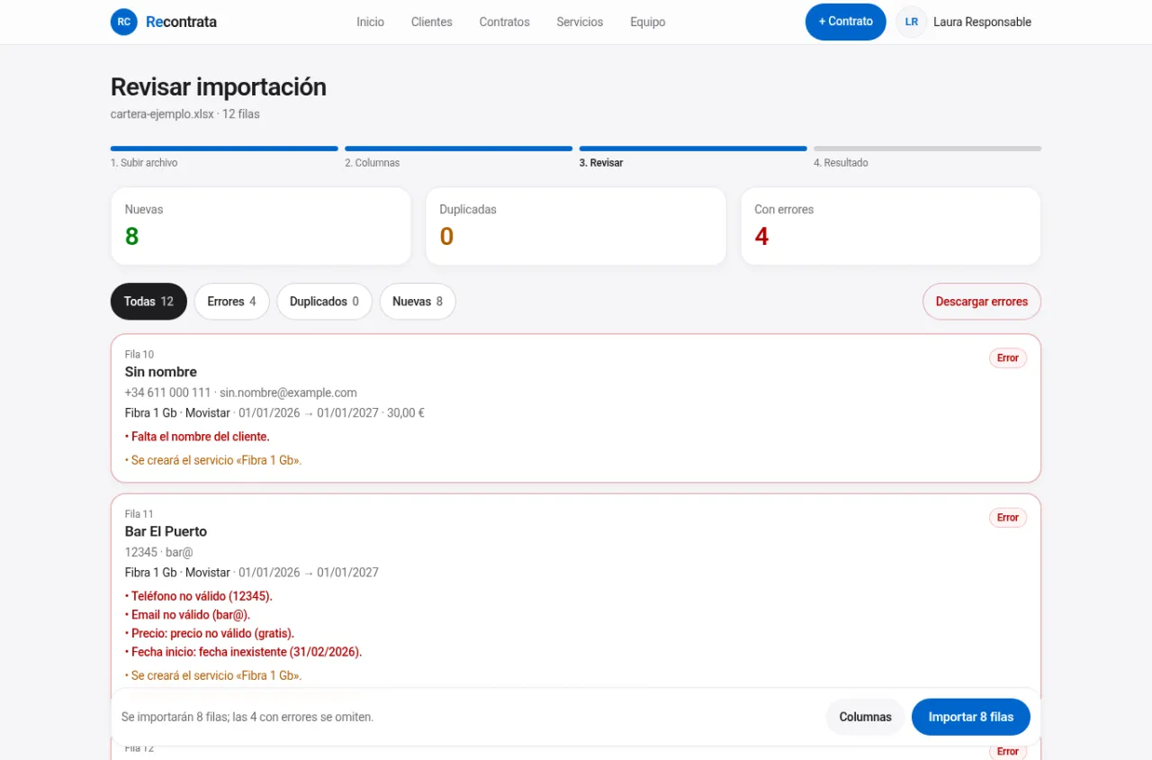 Revisión de una importación de Excel en Recontrata (datos de ejemplo)