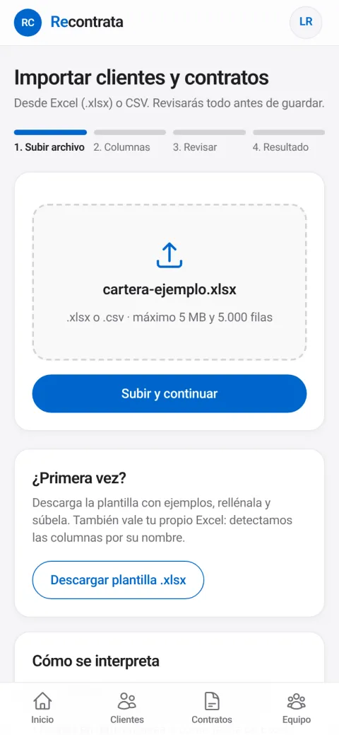 Recontrata: Importar y exportar Excel (captura con datos de ejemplo)