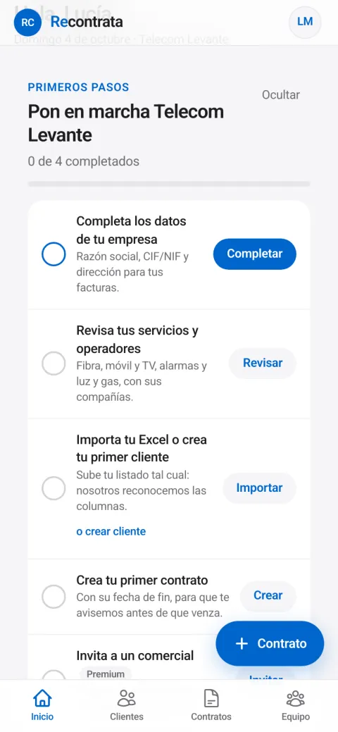 Recontrata: Bienvenida guiada (captura con datos de ejemplo)