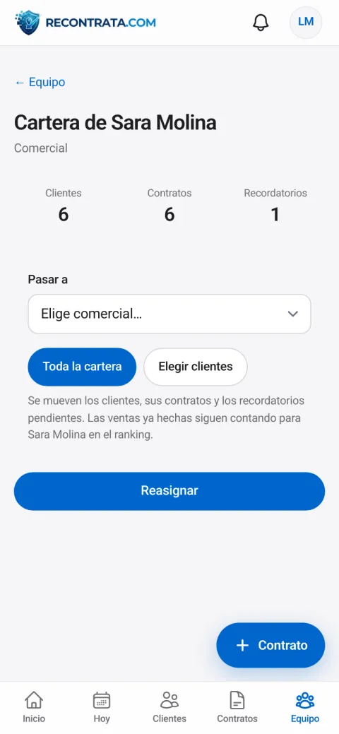 Recontrata: Reasignar cartera (captura con datos de ejemplo)