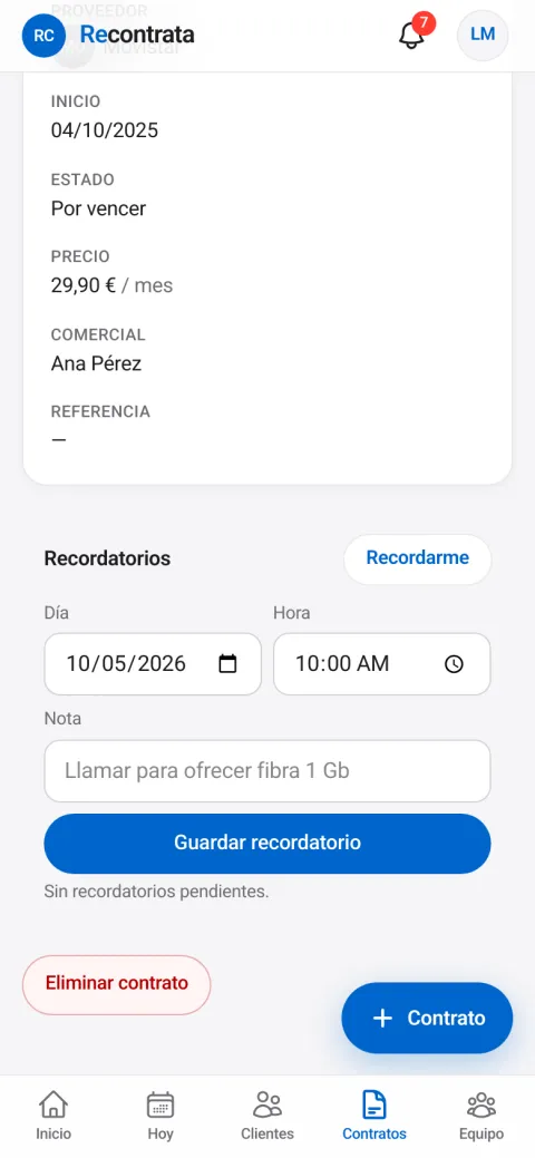 Recontrata: «Recordarme» (captura con datos de ejemplo)